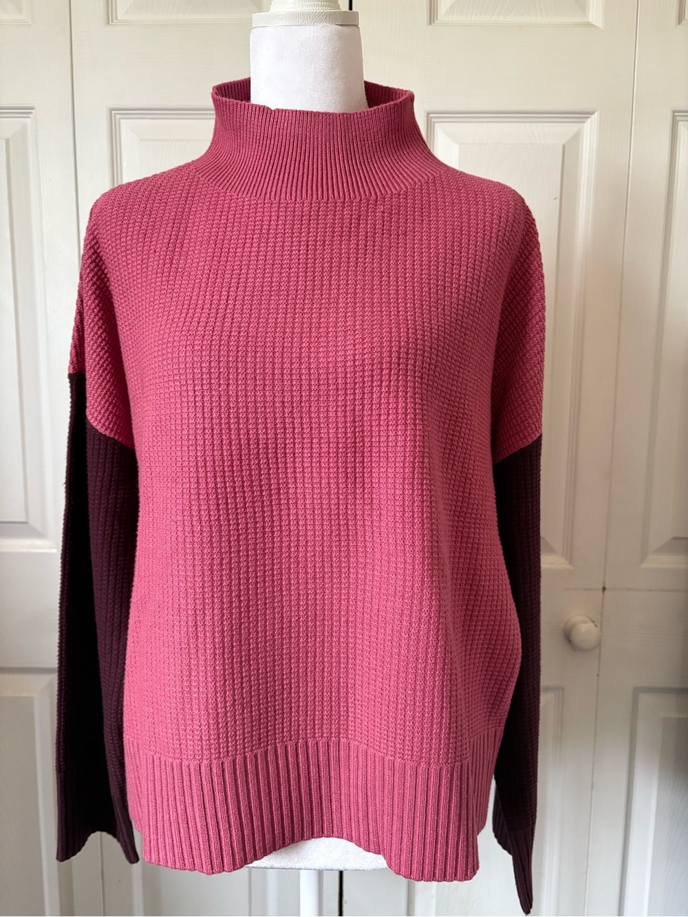 Talbots Rose Pink Mock Neck Sweater with Burgundy Sleeves